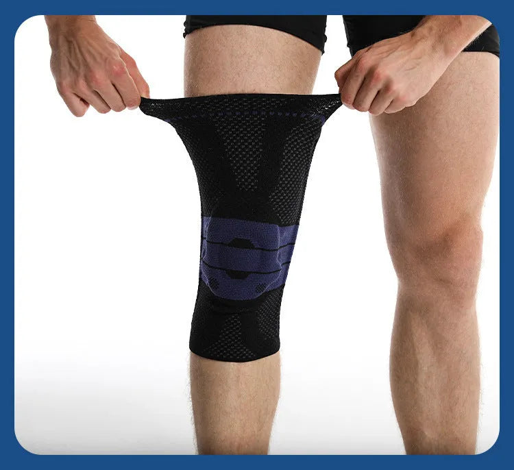 Adult black and blue sports kneepad made of nylon and spandex for basketball and running
