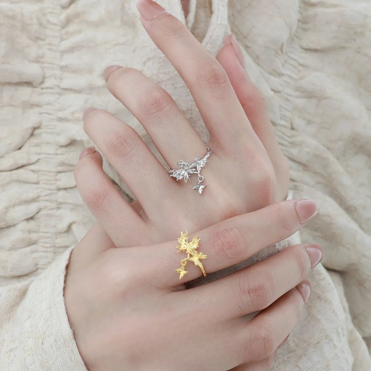 Silver butterfly adjustable ring with electroplated gold or white gold finish