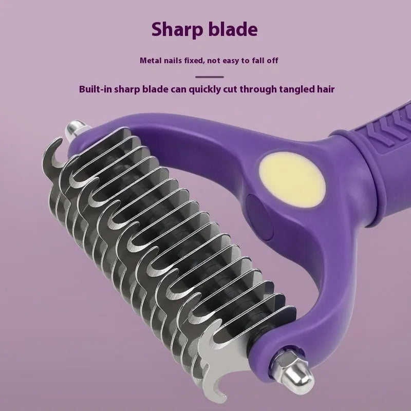 Purple double-sided plastic pet comb for dog and cat grooming with knot removal teeth