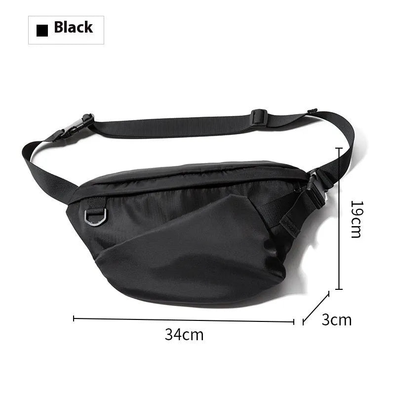 Men's Japanese leisure slanted chest bag in black made from Oxford fabric, 8 inch size with sewing line detail