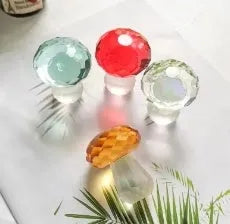 Colourful crystal mushroom decorative ornaments in geometric style on white background