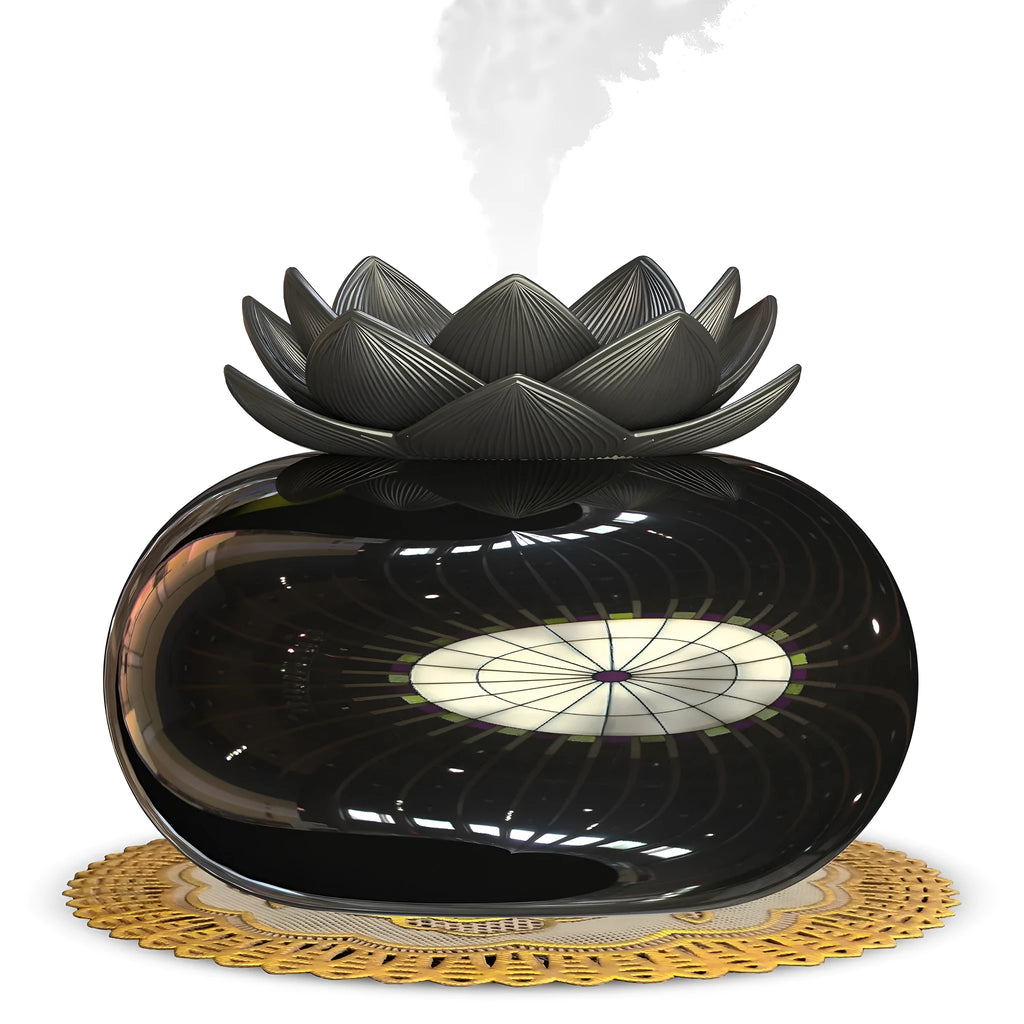 Pure black USB lotus-shaped ultrasonic humidifier and aromatherapy diffuser on a desk.