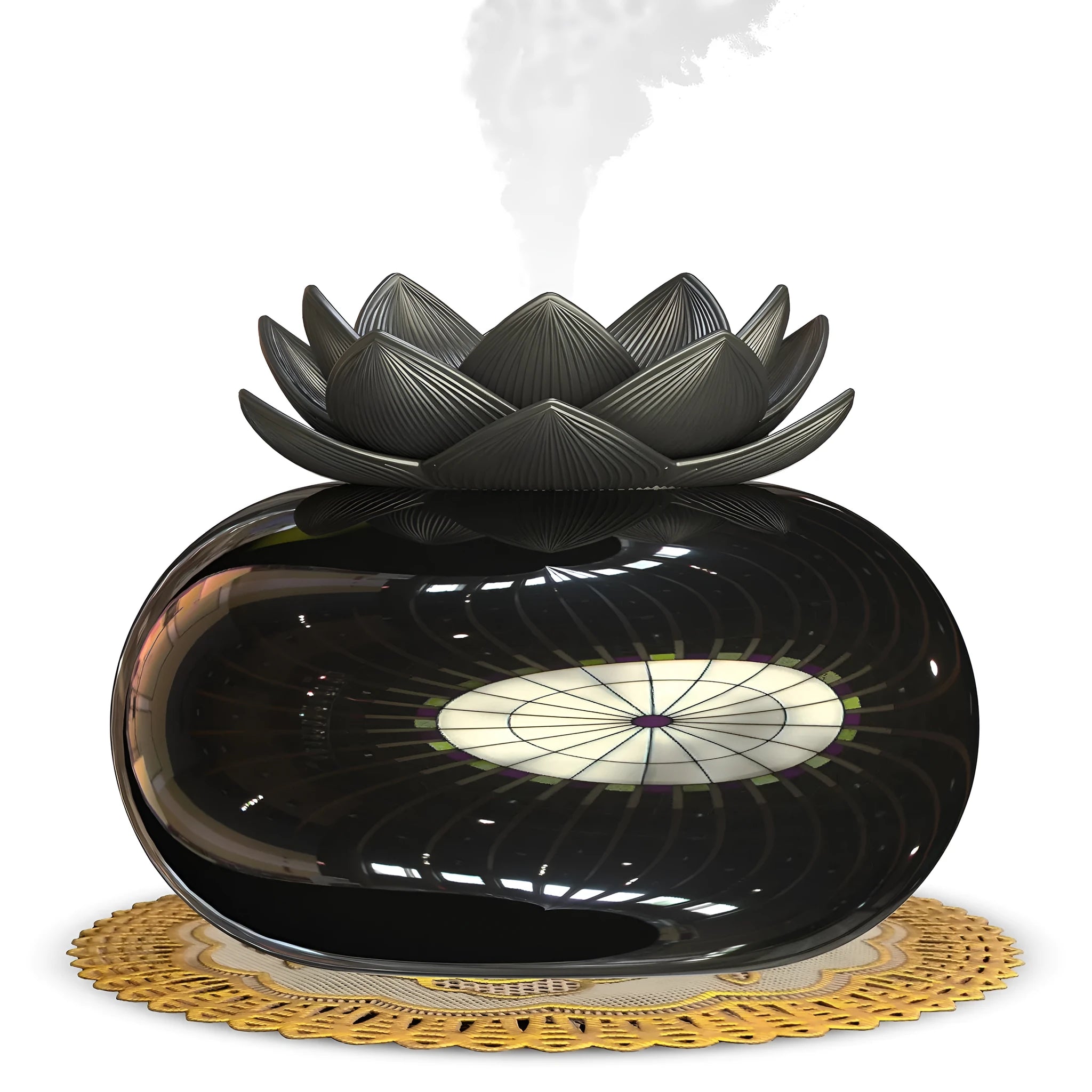 Pure black USB lotus-shaped ultrasonic humidifier and aromatherapy diffuser on a desk.