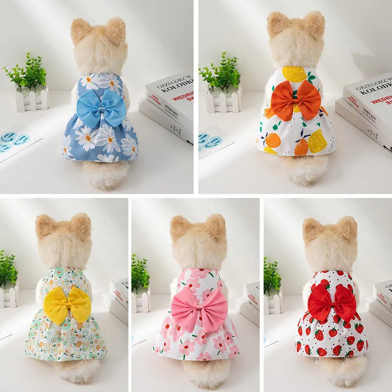 Ultra-thin polyester pet dress with floral butterfly knot design in multiple colour bow options