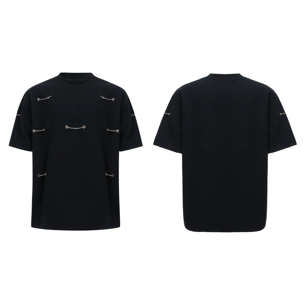 Black short sleeve T-shirt with metal chain detail on padded shoulders, round neck, heavy cotton fabric