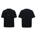 Black short sleeve T-shirt with metal chain detail on padded shoulders, round neck, heavy cotton fabric