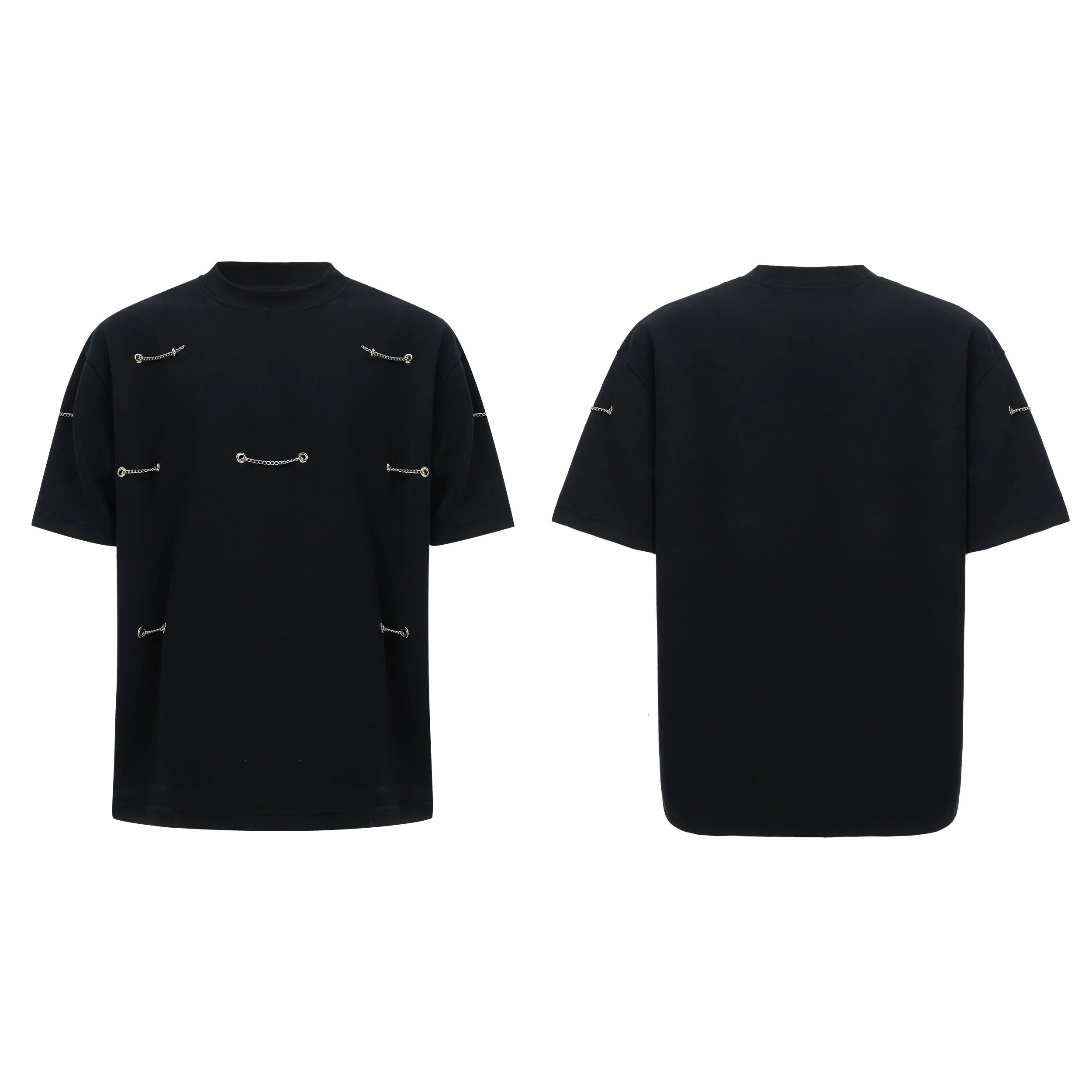 Black short sleeve T-shirt with metal chain detail on padded shoulders, round neck, heavy cotton fabric