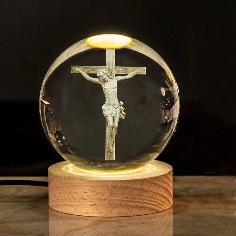 White crystal ball decorative lamp with solid wood base and religious purity symbols