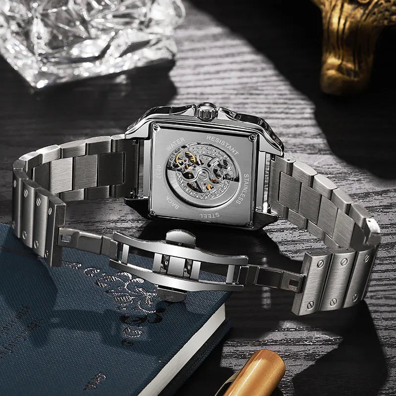 Square diamond-studded automatic watch for men with stainless steel belt