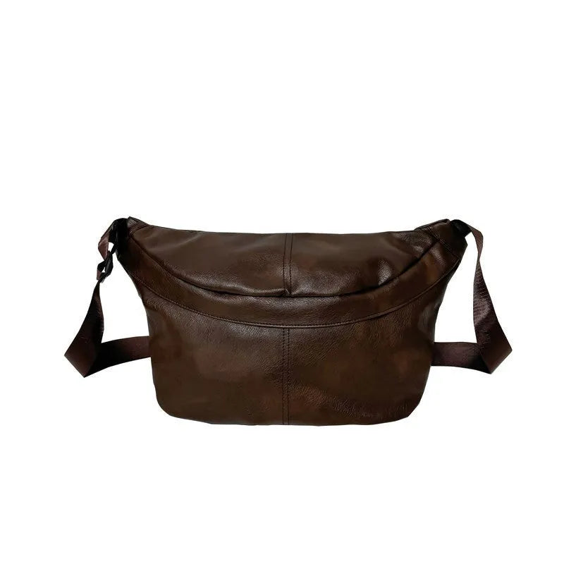 Retro large capacity men's crossbody bag in brown, black, and white PU leather with waterproof feature