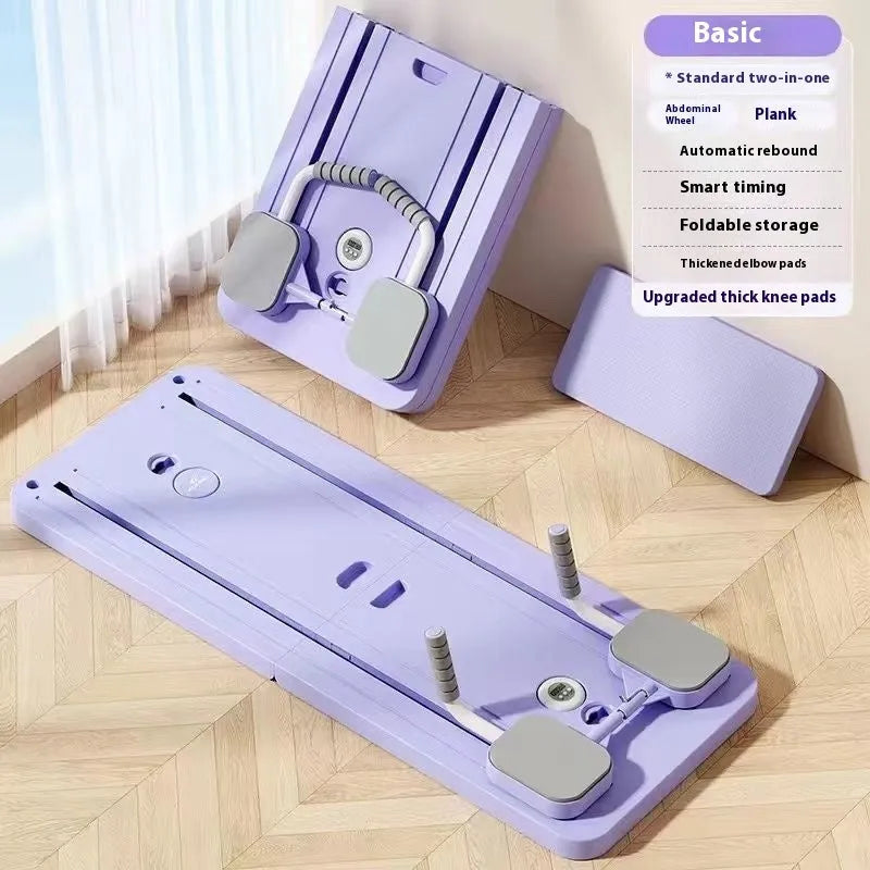 Purple fitness board with abdominal wheel and automatic rebound mechanism for home exercises