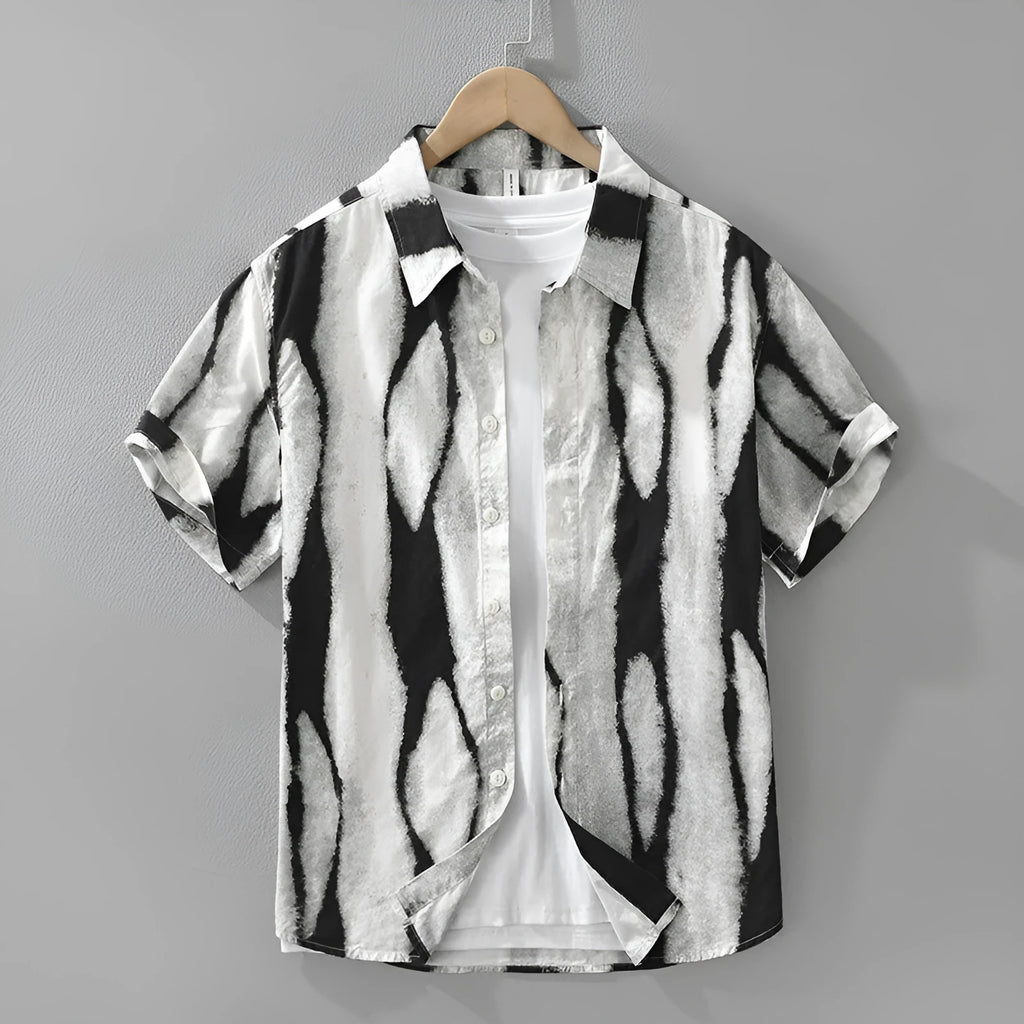 Retro striped short sleeve cardigan shirt in pure cotton fabric available in black and brown colours