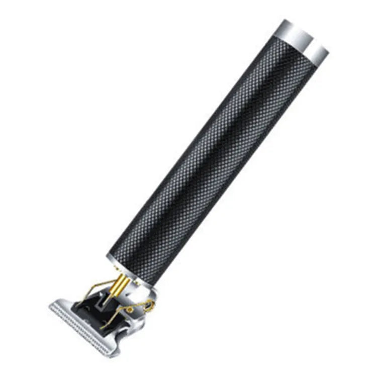 Black electric hair clipper with gold steel blade, rechargeable USB, includes 4 combs and cleaning brush