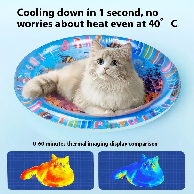 Blue inflatable PVC water mattress for pets with dolphin design, showing cooling gel interior