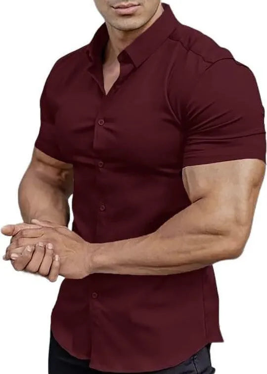 Men's short sleeve printed casual shirt in polyester fabric with collar