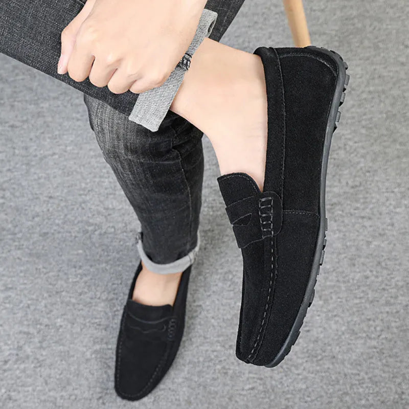 Men's suede loafers slip-on casual shoes cowhide leather round toe rubber sole