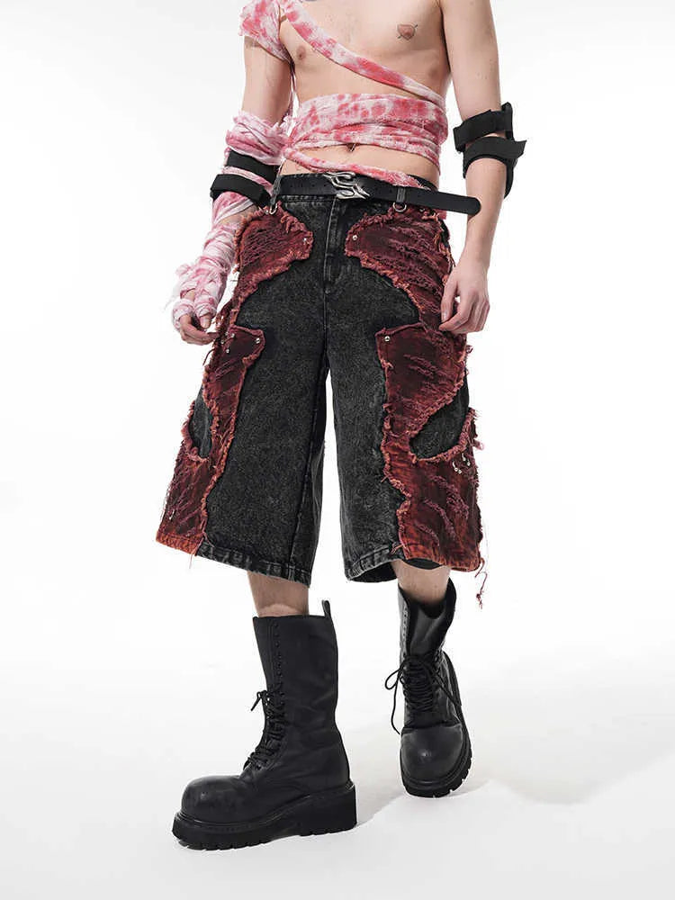 Wide leg cropped denim pants with distressed stitching, mid-high waist, loose fit, cotton cloth fabric