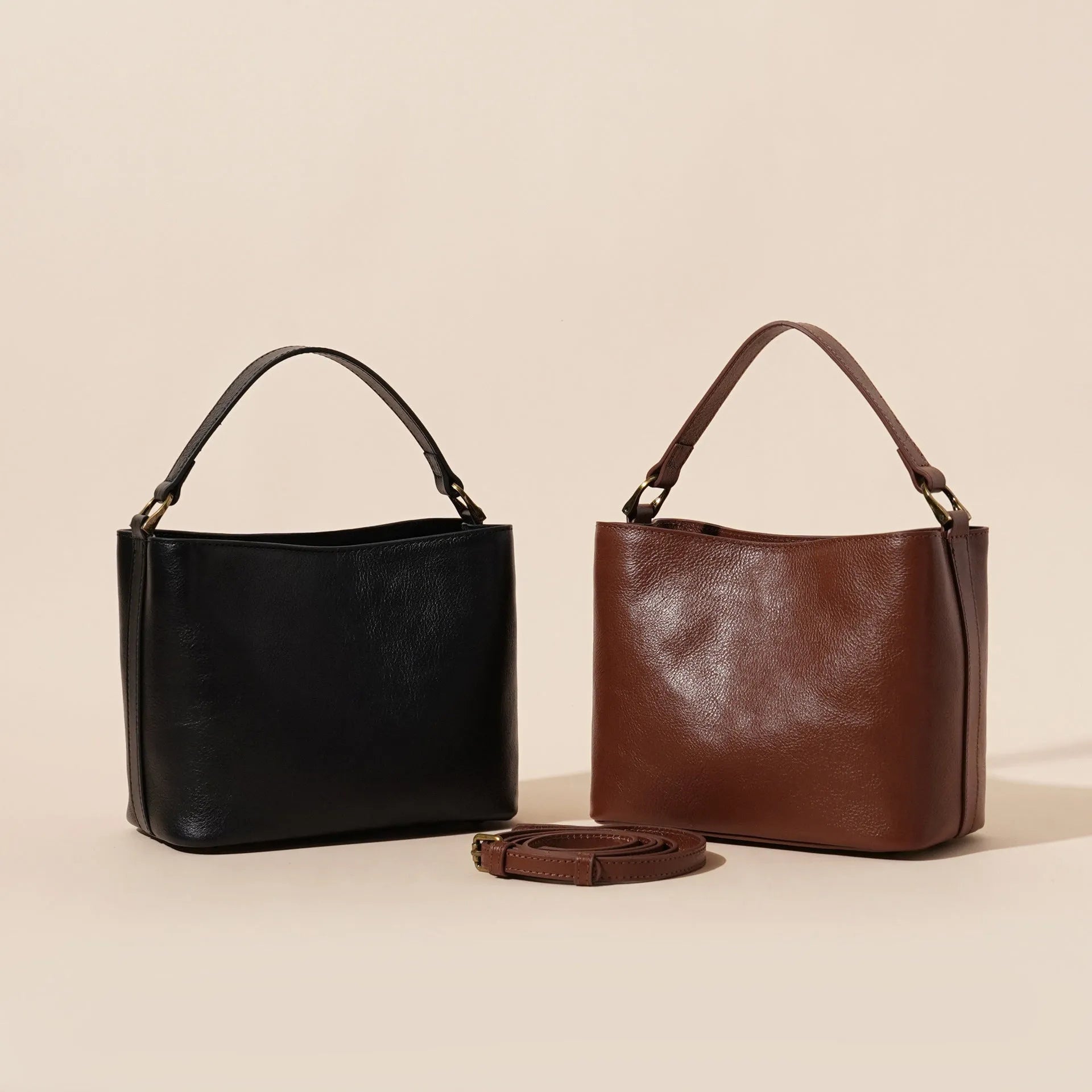Genuine cowhide leather shoulder handbag sugar brown square vertical shape with sewing thread details on front