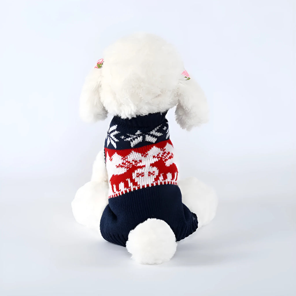 Navy blue knitted Christmas sweater for dogs on model showing European American style