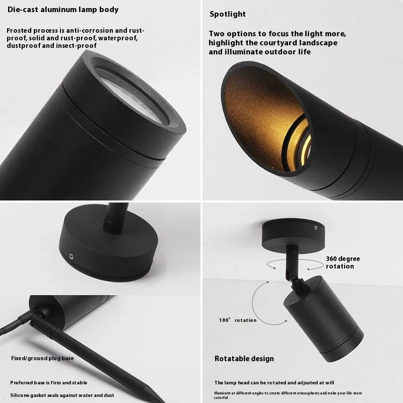 Outdoor aluminium ground LED lamp with A-style design for garden or pathway lighting.
