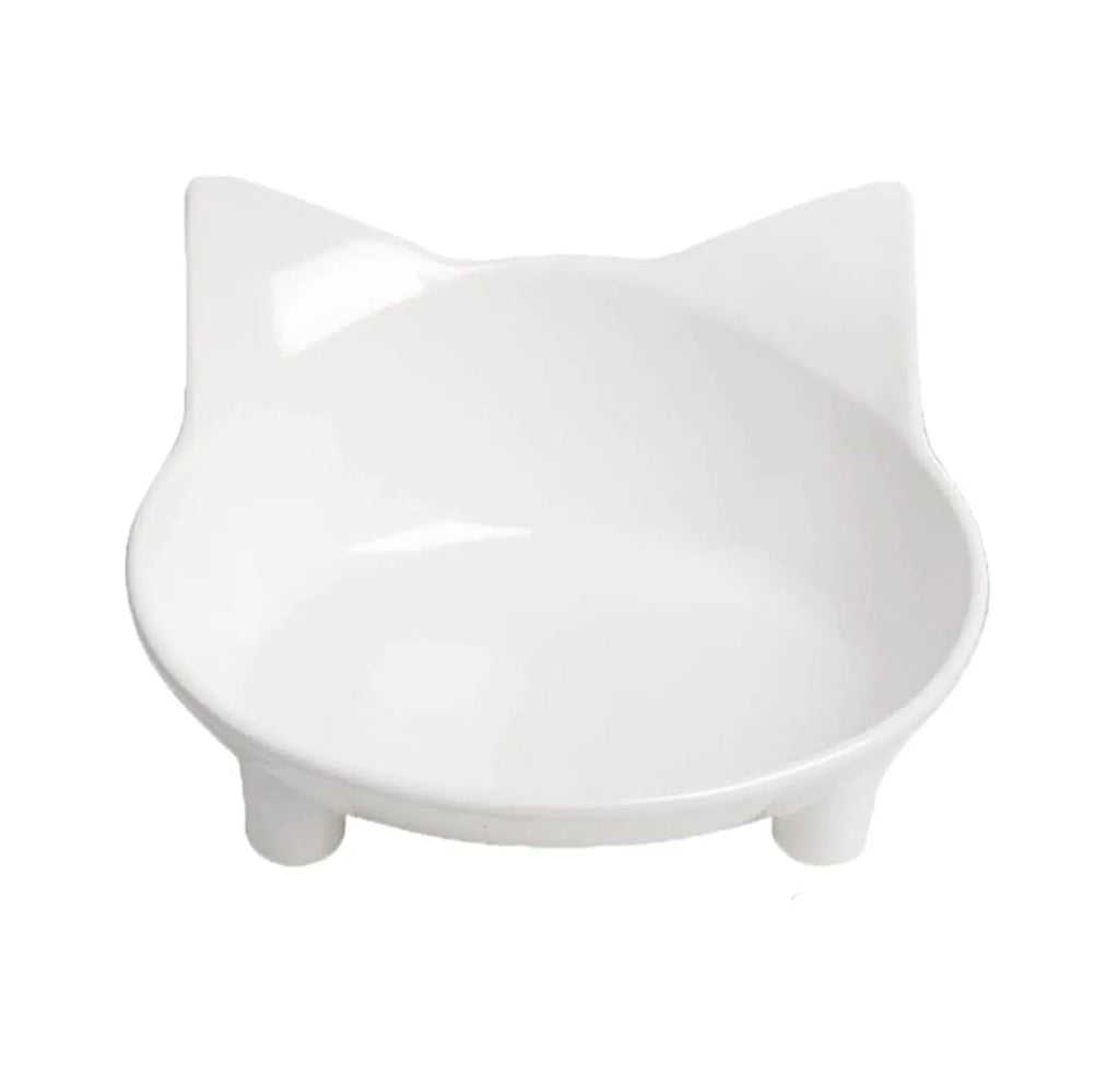 White shallow melamine cat bowl with non-slip rubber base on a wooden floor.