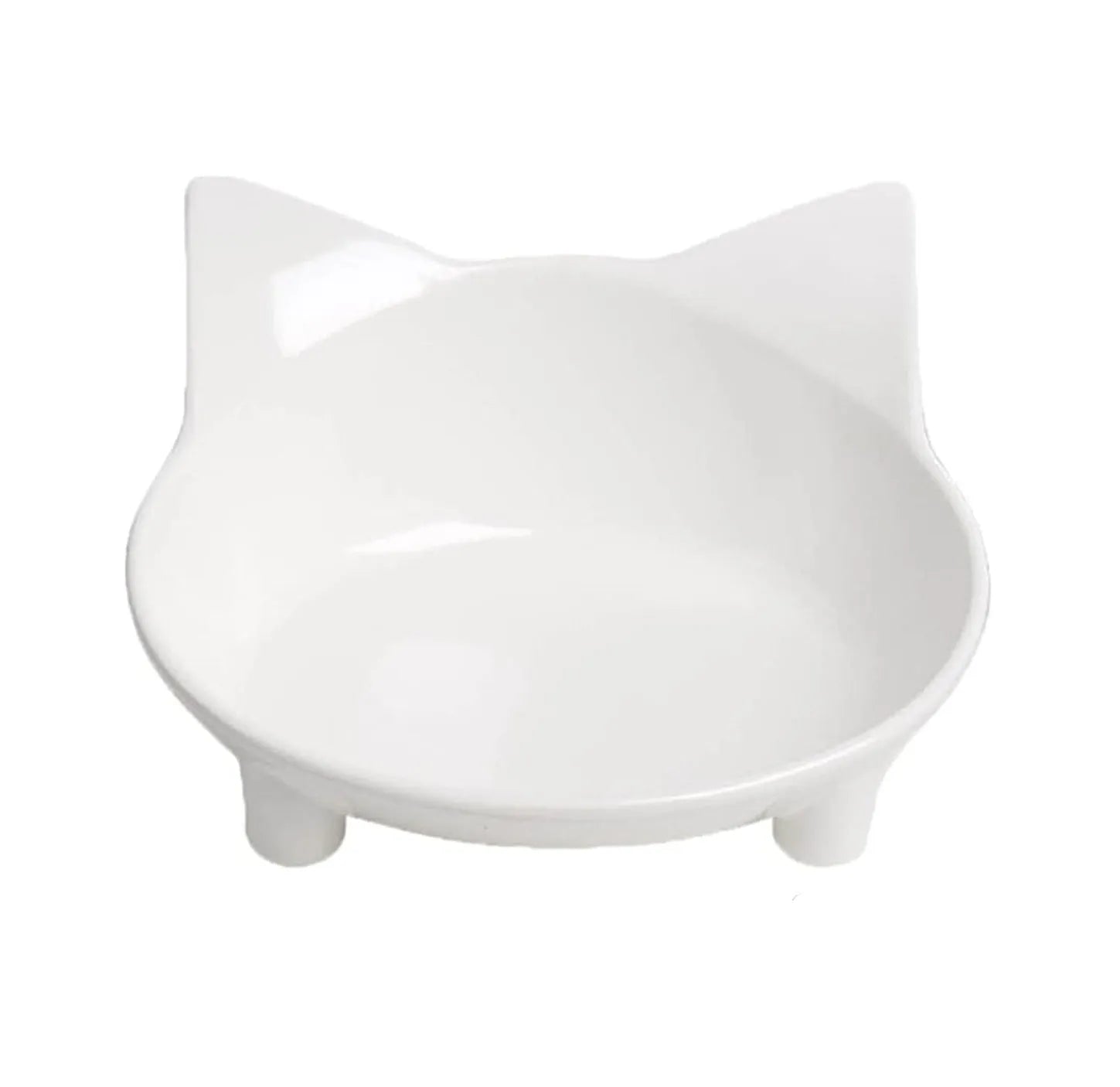 White shallow melamine cat bowl with non-slip rubber base on a wooden floor.