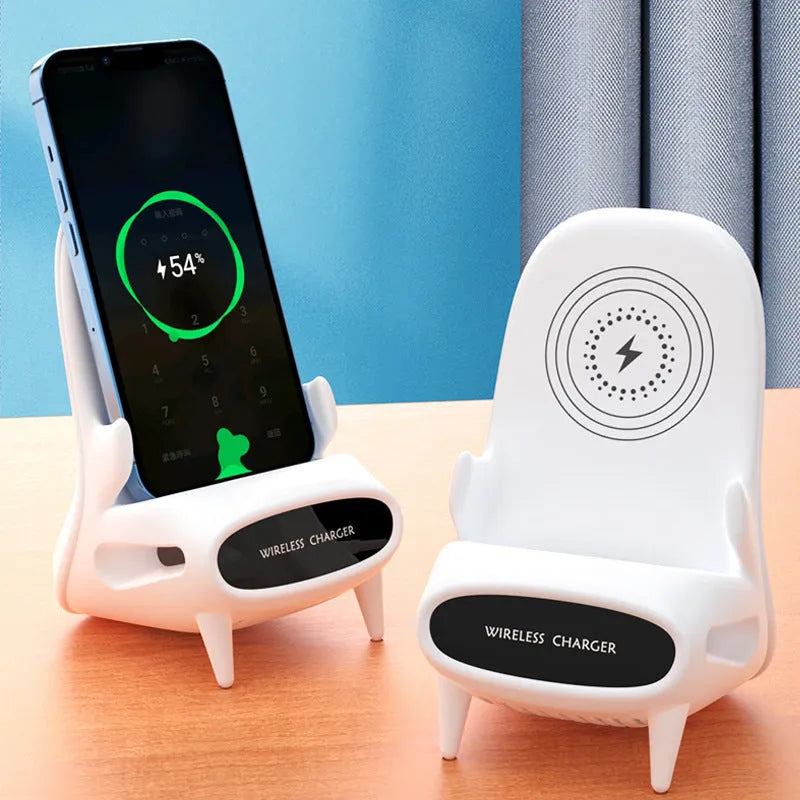 White ABS wireless charger stand with Type-C input, measuring 96.3x88.2x139.3 mm, 154.2g