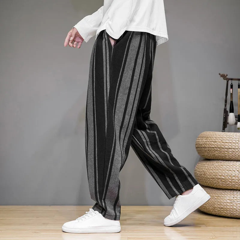 Bold stripes wide men's casual pants in navy blue, mid-waist polyester trousers for leisure