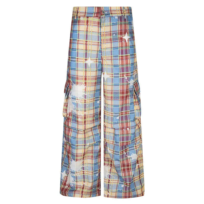 Men's retro plaid loose straight casual trousers in blue polyester fabric with mid waist and straight leg
