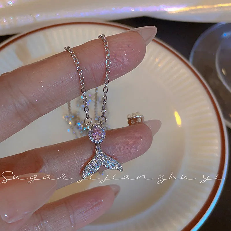 Women's 925 sterling silver fishtail pendant necklace with O-ring chain, adjustable 41-50cm, diamond finish, geometric style