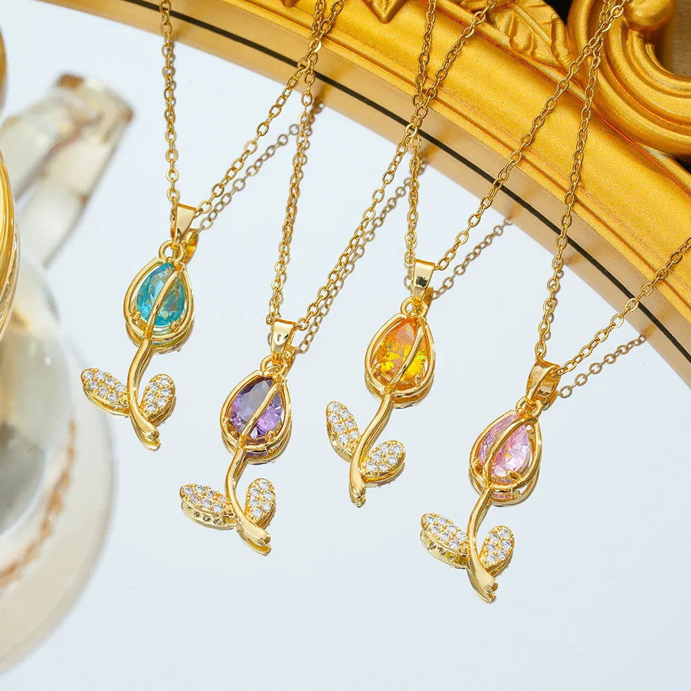 Zircon tulip necklace for women with gold floral pendant on adjustable titanium steel chain.