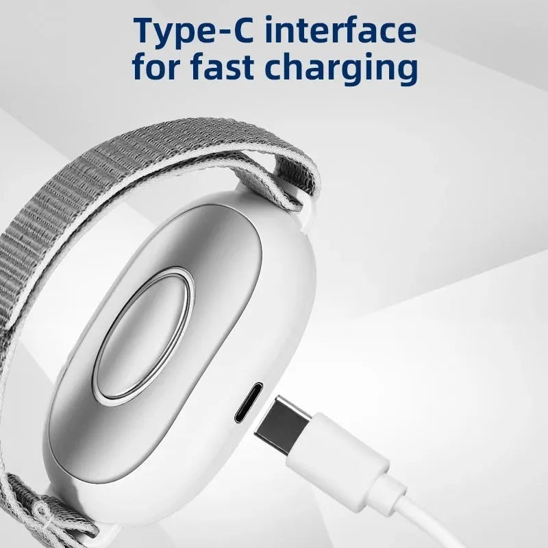 White sleep aid device with handheld remote control showing intensity adjustment buttons and USB charging port