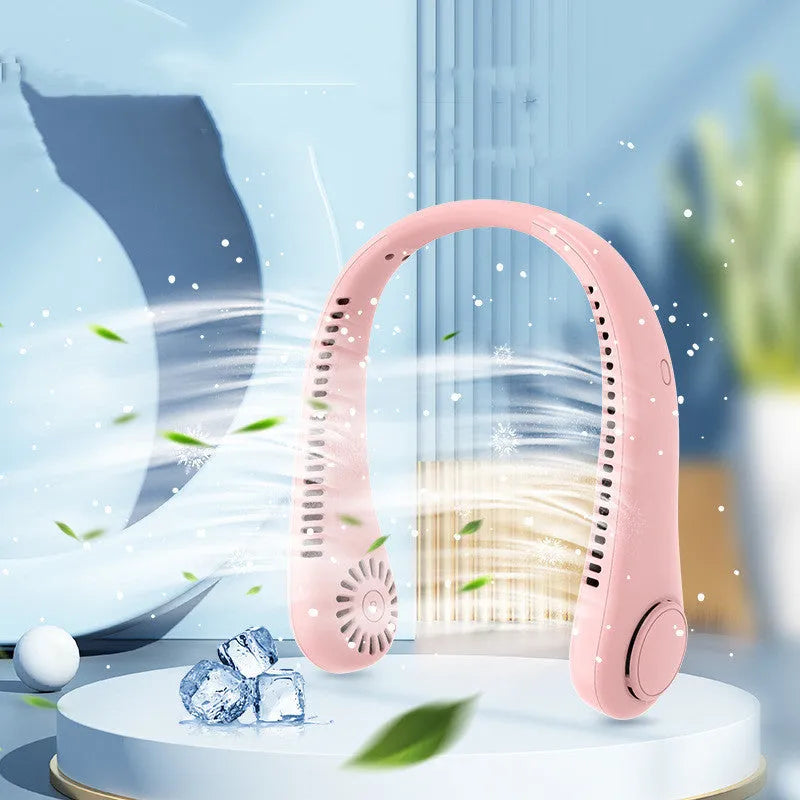 Rechargeable neck fan in leafless design worn around neck with decentralised air outlet