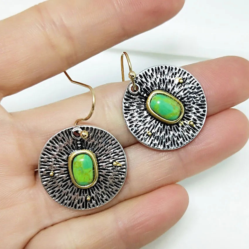 Retro creative turquoise colour separation earrings in antique silver finish alloy old money style
