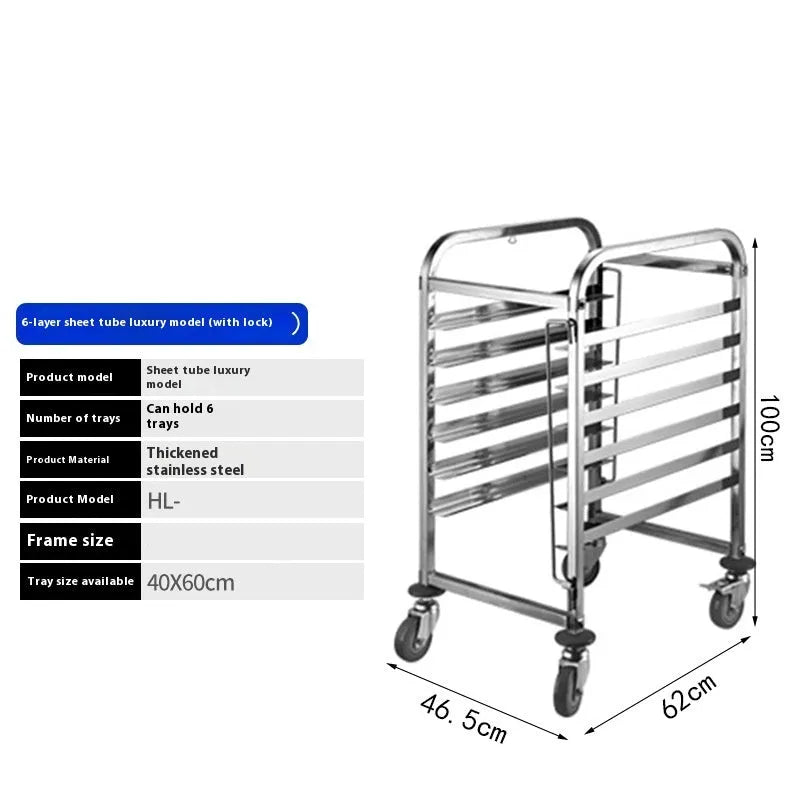 Six-tier stainless steel bakery cooling rack with locking mechanism and 40x60cm tray size