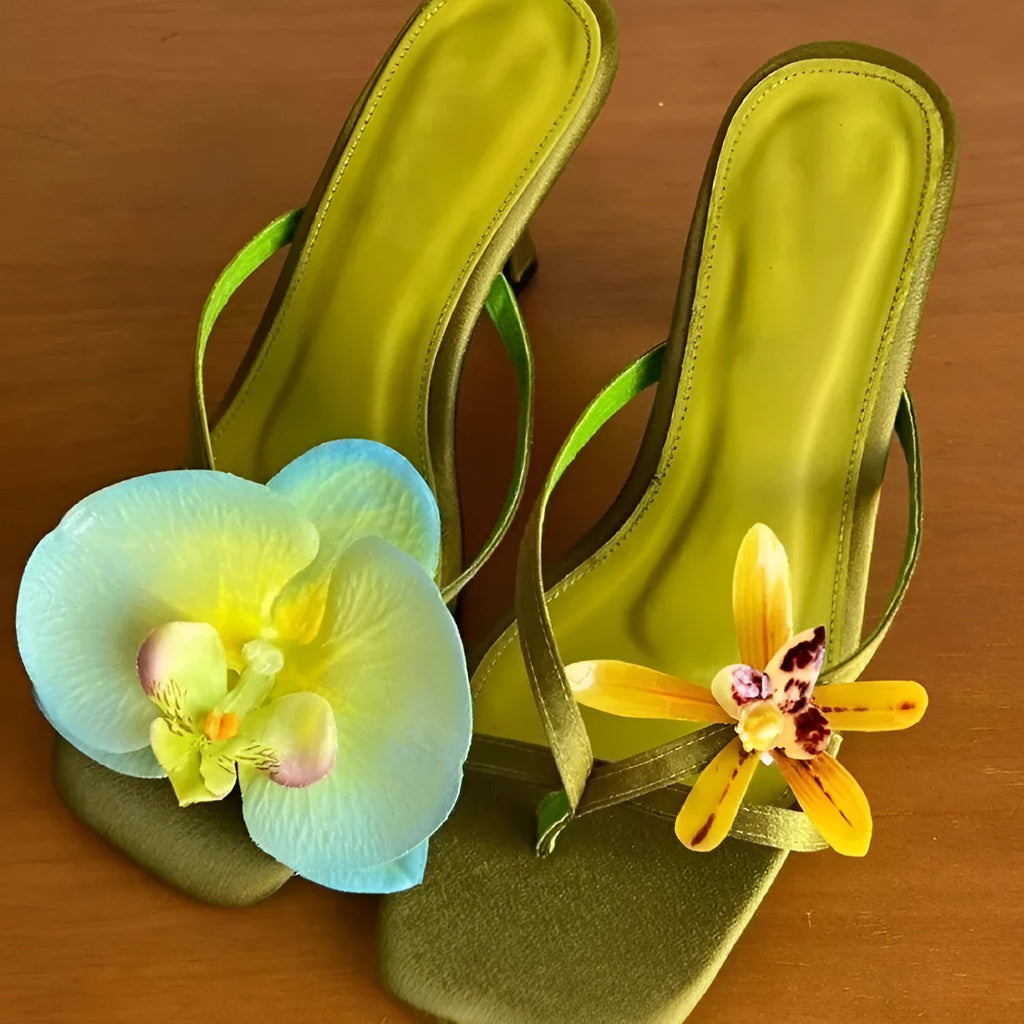 Handmade asymmetric flower sandals for women, high heel semi-slipper, calf leather square toe, available in green