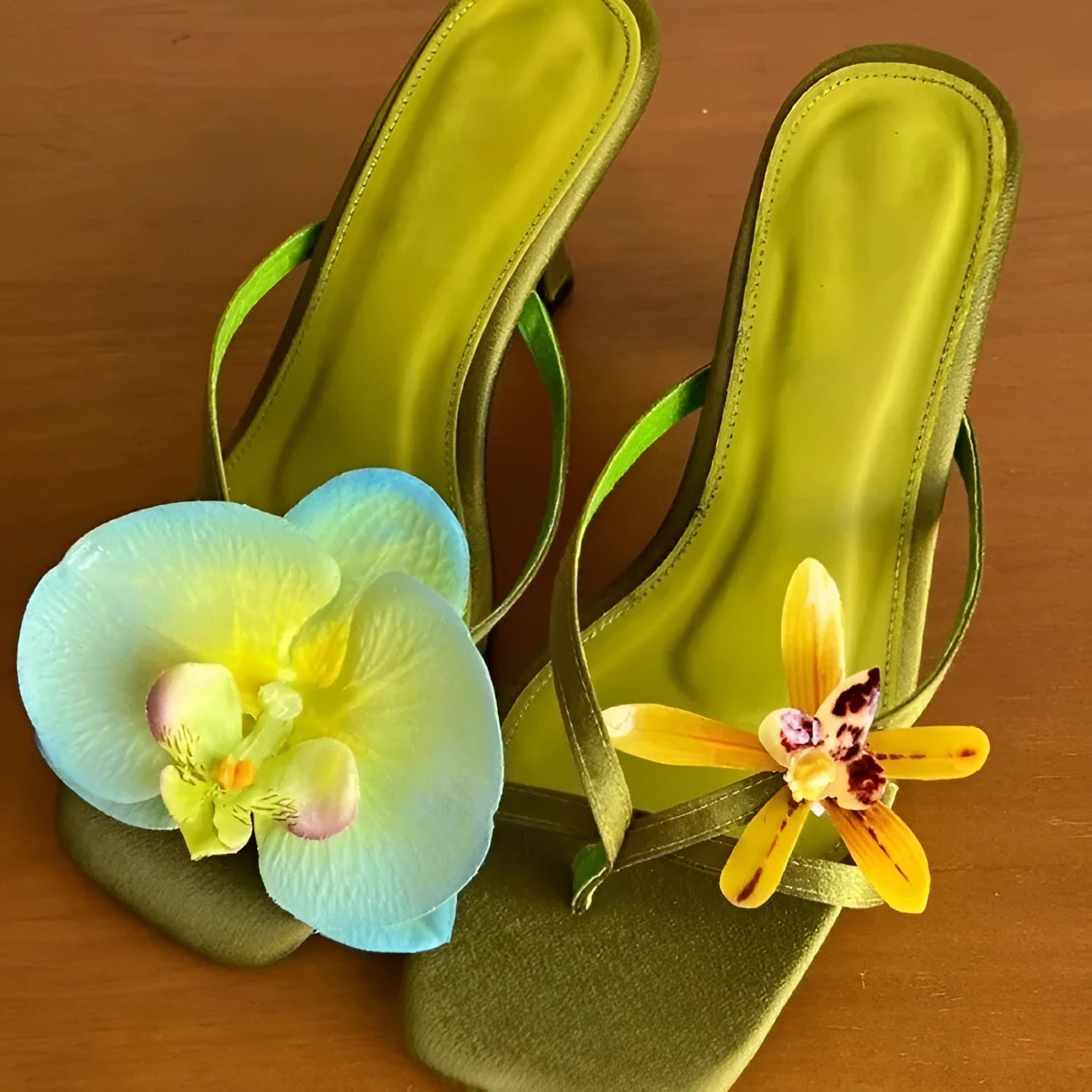 Handmade asymmetric flower sandals for women, high heel semi-slipper, calf leather square toe, available in green