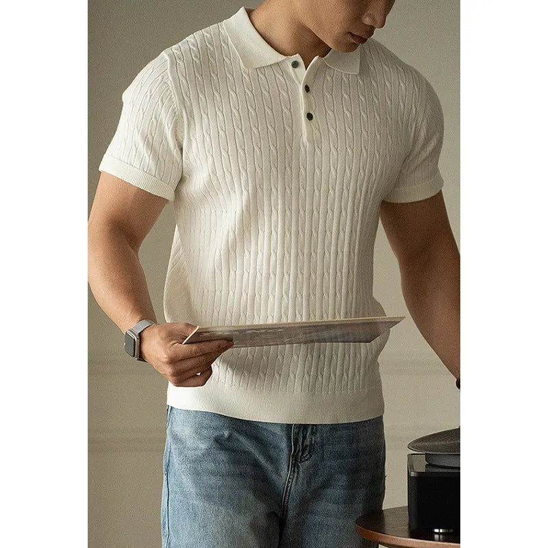 Men's short-sleeve business top in black, white, or khaki colours with Asian sizing options