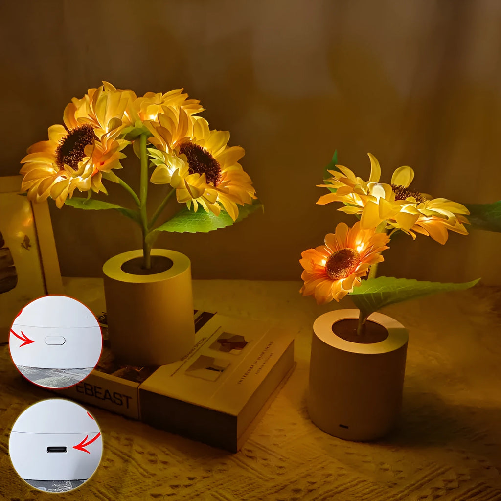 Rechargeable sunflower LED simulation night light with warm glow on a table