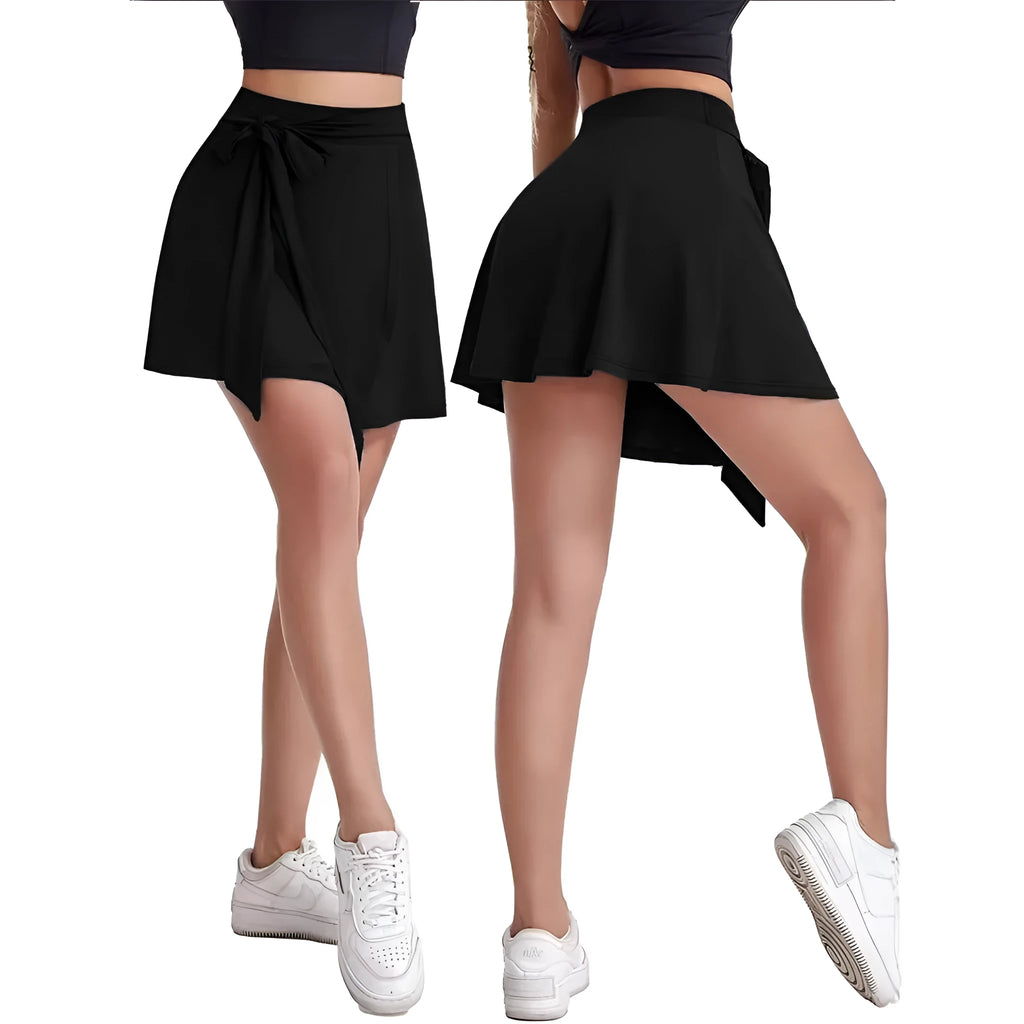 Black thigh-length anti-exposure sports skirt with high waist, built-in shorts, and shoulder strap details