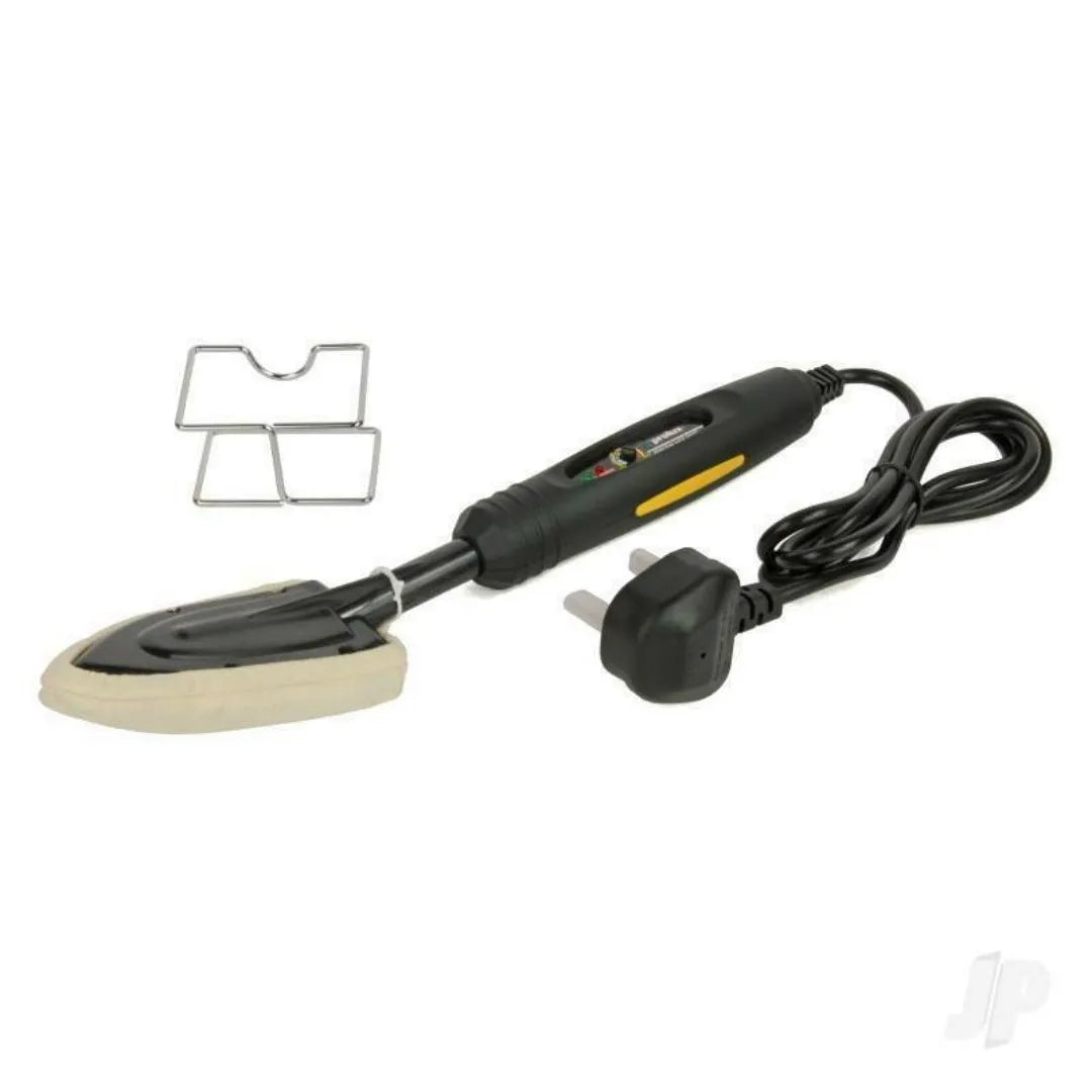 Electronic temperature control hair iron with adjustable heat settings, metal construction, and included accessories