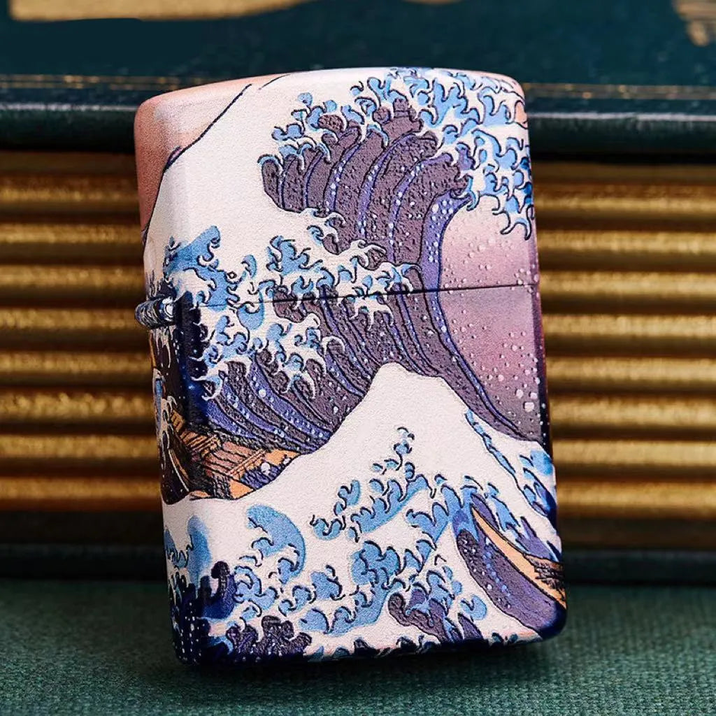 Colored lacquer windproof lighter with Kanagawa surf design, steel inner liner, copper housing, 58x39mm