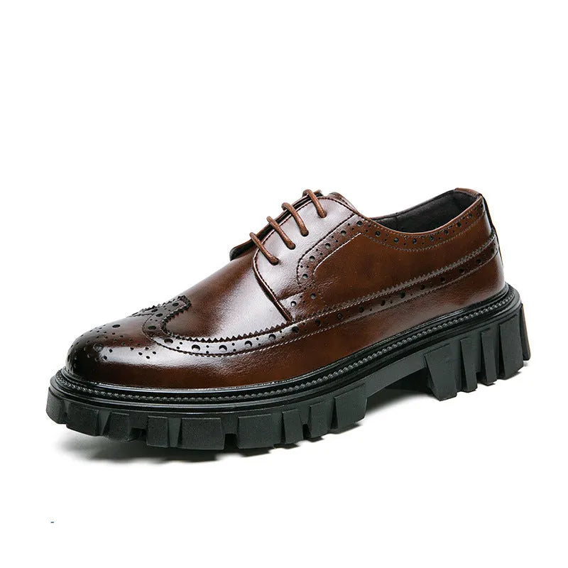 Men's classic black and brown brogue Oxford shoes with round toe and perforated detailing for formal business wear.