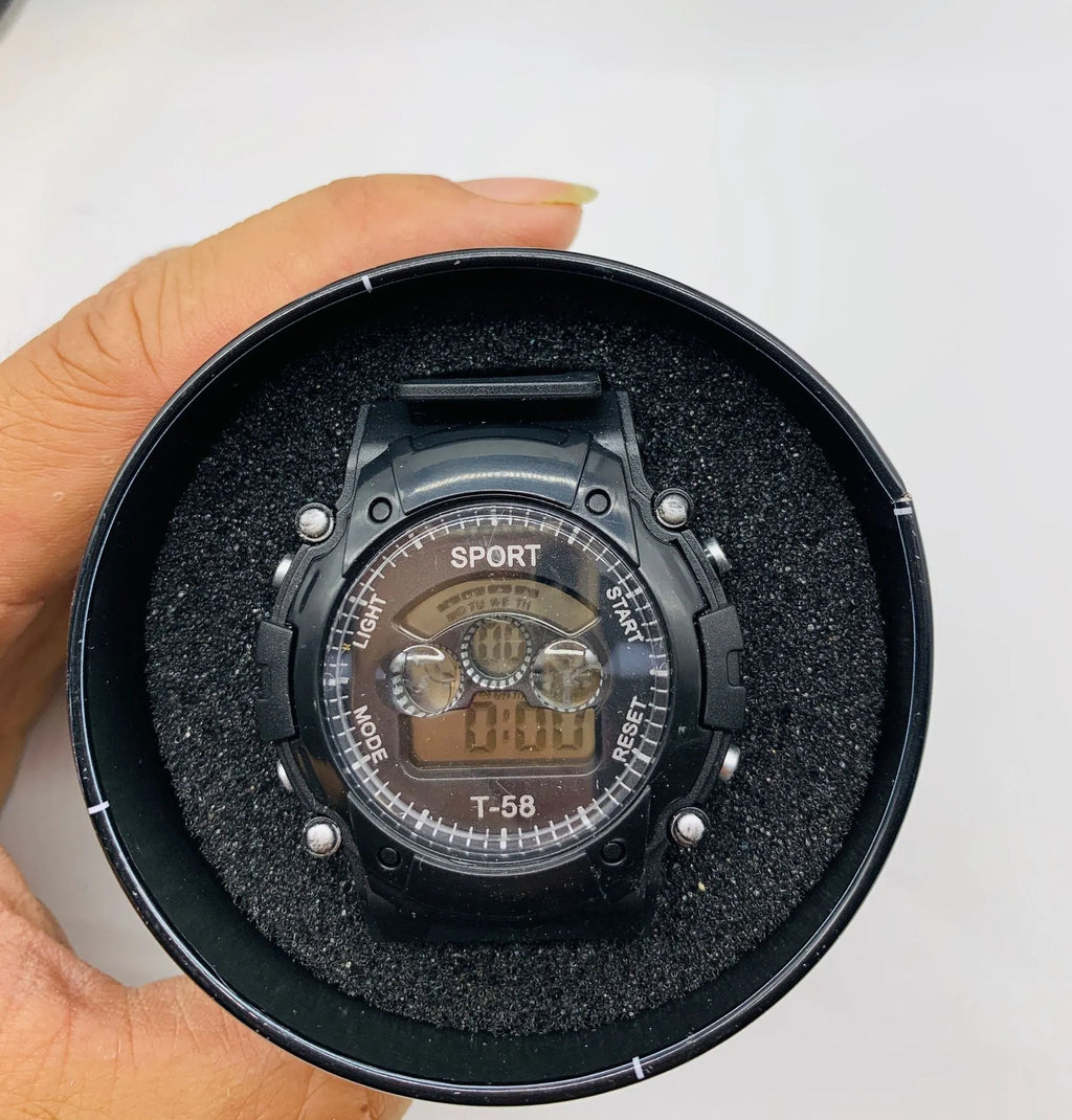 Children's digital sports watch with silicone strap, showing alarm and waterproof features.