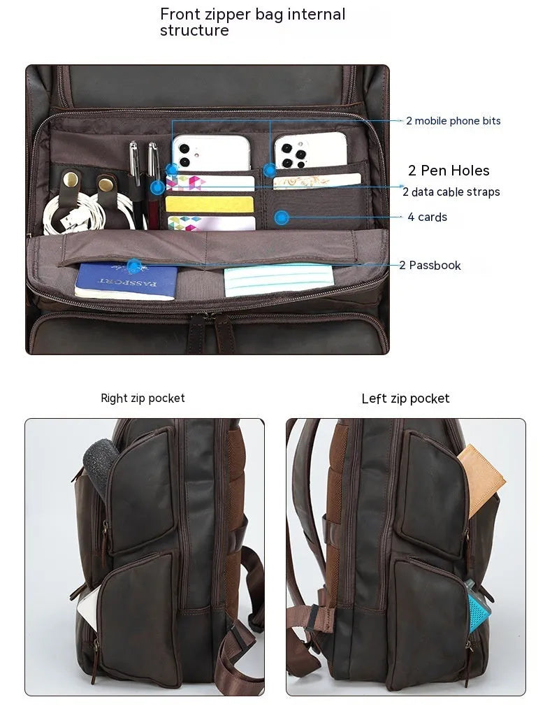 Dark brown retro leather backpack for 17-inch laptops with multiple compartments and shoulder straps
