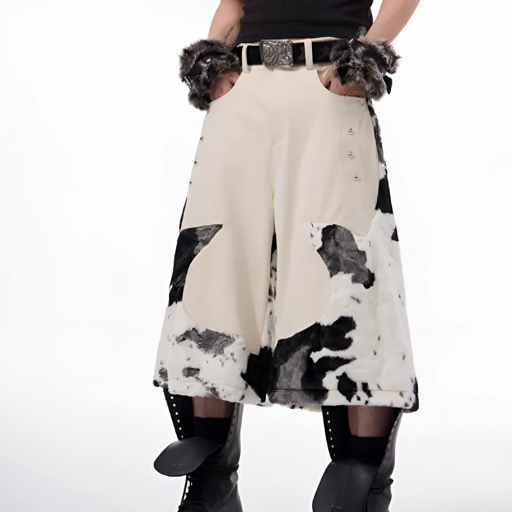 Stitching milk fiber fur cropped pants with personalised patterns in picture colour, front view