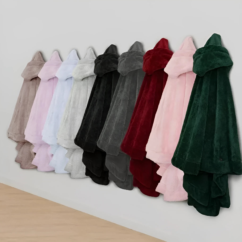 Heavy weight hooded bathrobe in polyester fleece fabric shown in black, dark grey and pink colour options
