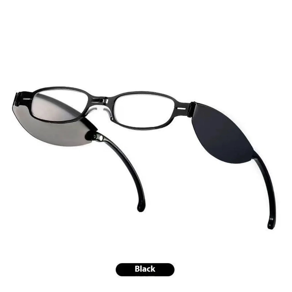 Folding presbyopic glasses in black retro style with pocket case