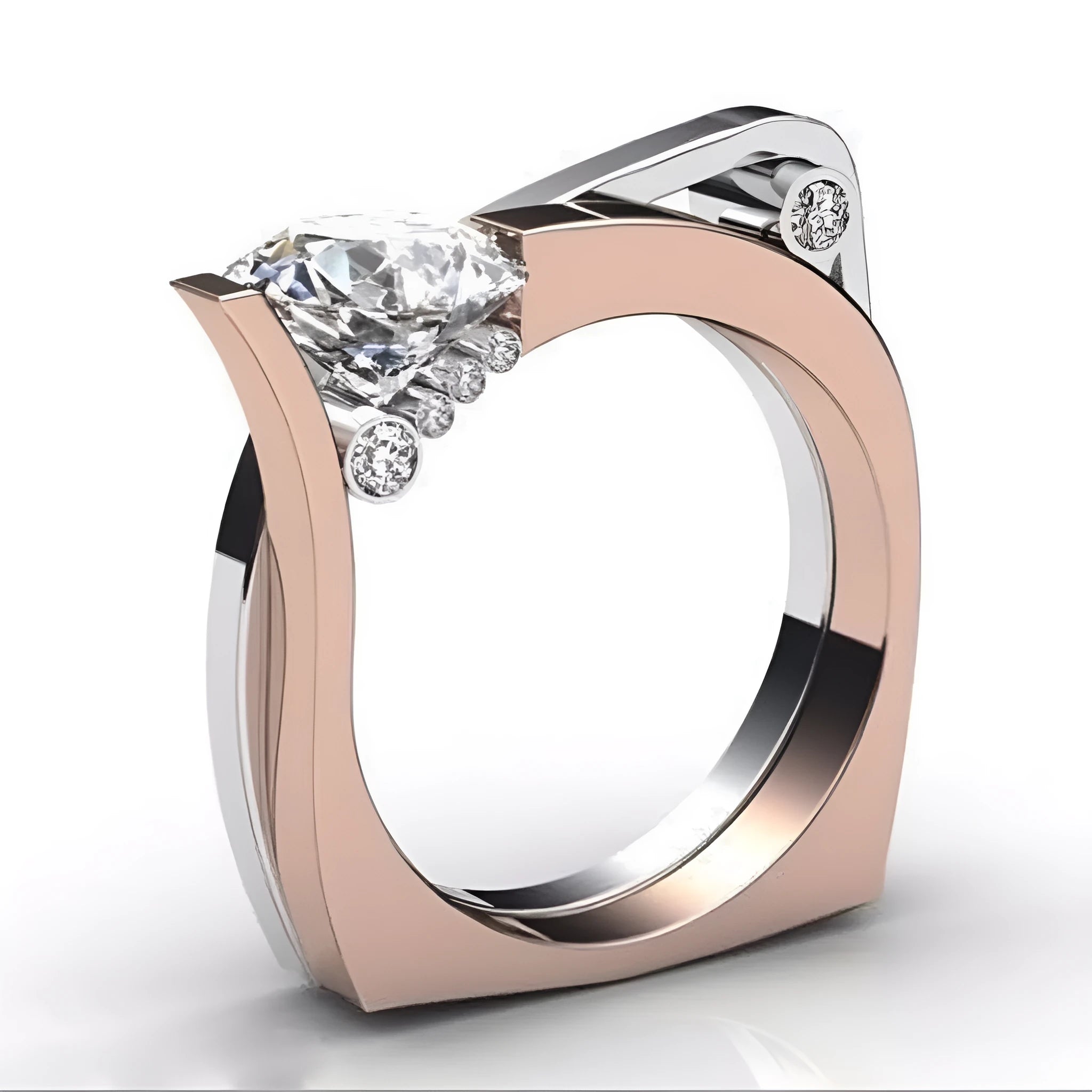 Rose gold geometric women's ring with zircon inlay on alloy base showing electroplated finish and structured design