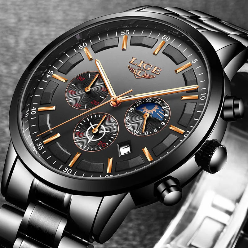 Men's black and rose red gold quartz sports watch with waterproof construction and digital display